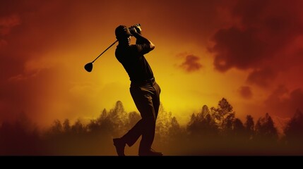 silhouette golf player swing at the sunset sky 
