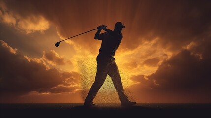 silhouette golf player swing at the sunset sky background Generative AI
