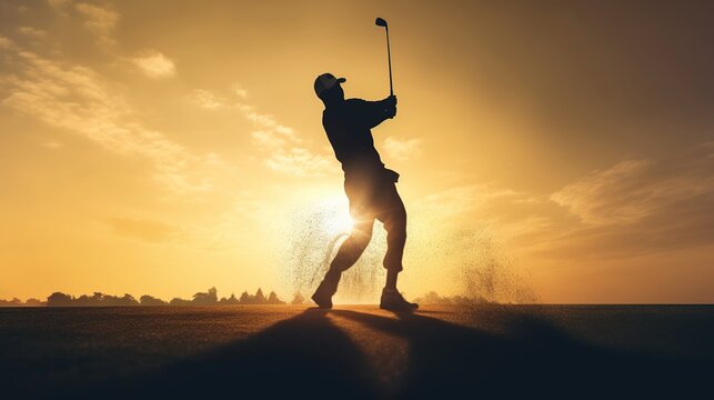 silhouette golf player swing at the sunset sky background Generative AI