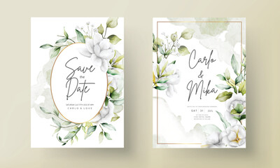 beautiful watercolor wedding invitation with  greenery leaves and white flower