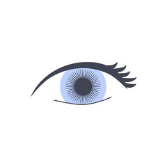 Female eye icon. Healthy open green eye with eyelashes and a brow. Eyesight examination. Contact lens and eyeglasses for good vision. Healthcare and ophthalmology concept. Flat vector illustration.