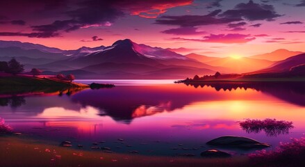 Fototapeta na wymiar Sunrise or sunset with orange, purple and red clouds reflected in the lake water. Generative AI illustration