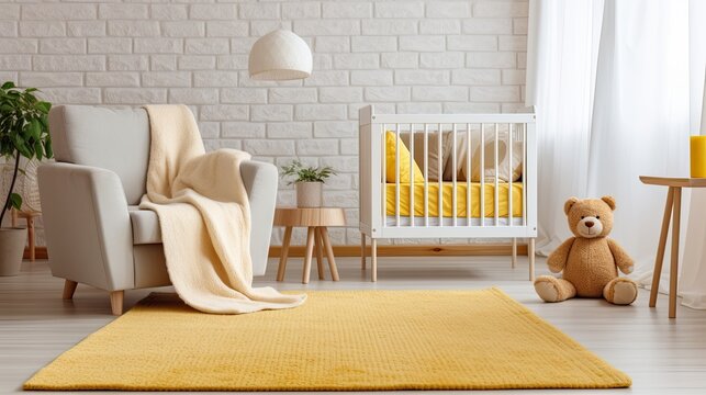 Large infant nursery with teddy bear, rug, and yellow blanket on white wooden rocking chair Generative AI