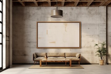 Illustration of a horizontal wooden frame mockup with a pleasant, neutral wabi-sabi interior on a background of a concrete wall. Generative AI