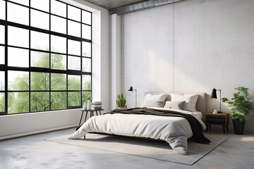 brand-new white loft bedroom with copyspace wall and window view; simple interior design. Generative AI