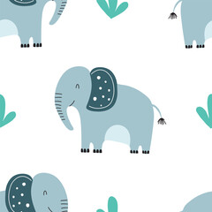Seamless pattern with cute elephant on white background. Vector illustration in flat style. Can be used for wrapping paper, fabric, textile, wrapping paper, fabric, textile etc.