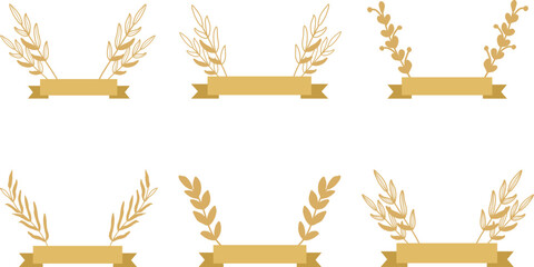 Set of golden laurel wreaths and ribbons. Vector illustration - obrazy, fototapety, plakaty
