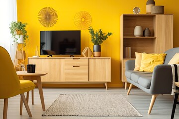 Modern living room with TV on yellow wall and wooden plate over cabinet. Generative AI