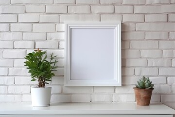 Mockup of an empty frame with a copy area close by a brick white wall. Generative AI