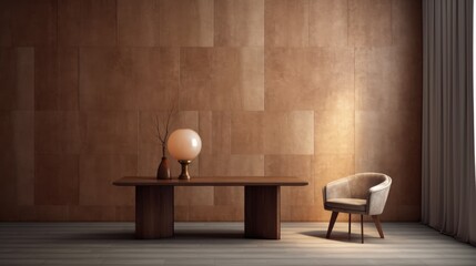 Mockup of an interior scene with a brown wall and a white square side table. Chair with cushioned tablecloth and a round ceiling bulb. Generative AI