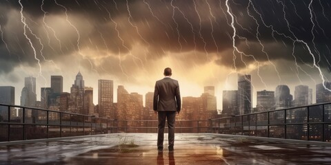 Businessman Determined to Face any Challenge, Cityscape Thunder Storm Background. Generative Ai