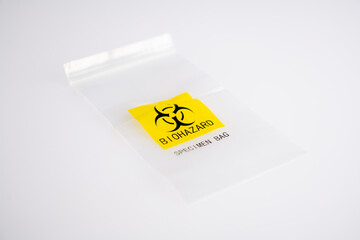 A biohazard specimen plastic bag