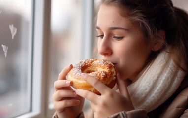 Young girl eating creme brulee bagel, creme bruleegle. French toast bagel. Generative AI