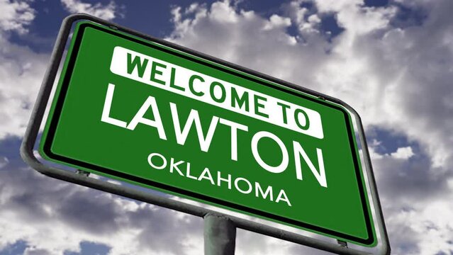 Welcome to Lawton, Oklahoma. USA Road Sign Close Up, Realistic 3d Animation