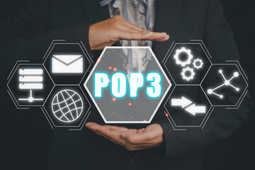 POP3, Post Office Protocol Version 3 concept, Business person hand holding Post Office Protocol Version 3 icon on virtual screen.