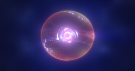 Abstract purple energy sphere with flying glowing bright particles, science futuristic atom with electrons hi-tech background