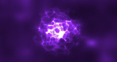 Abstract purple energy round sphere glowing with particle waves hi-tech digital magic abstract background