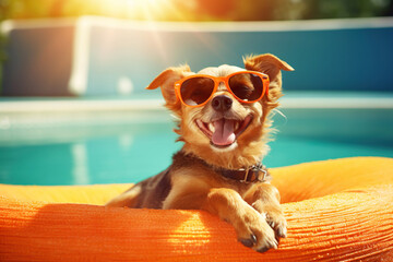 Illustration of dog on vacation at swimming pool - obrazy, fototapety, plakaty