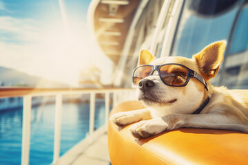 Illustration of happy dog on cruise ship - obrazy, fototapety, plakaty