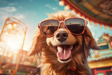 Illustration of happy dog in amusment park