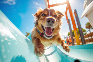 Illustration of happy dog riding on slide in aqua park