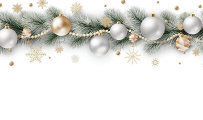 Winter holiday background. Border with Christmas tree branches and ornaments isolated on white. Fir branches, headers, party posters