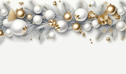Winter holiday background. Border with Christmas tree branches and ornaments isolated on white. Fir branches, headers, party posters