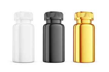 White, black, gold medicine bottles mockup template isolated. 3D rendering. Transparent PNG image.
