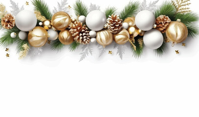 Fototapeta na wymiar Winter holiday background. Border with Christmas tree branches and ornaments isolated on white. Fir branches, headers, party posters