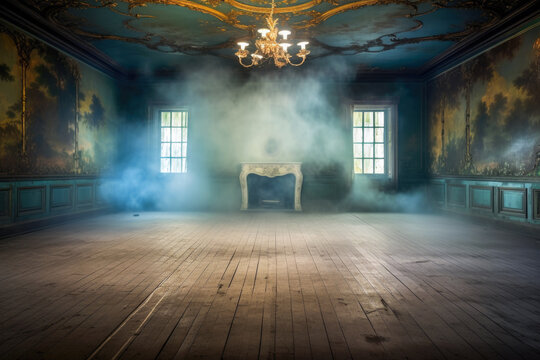 Opulent ballroom with a ghostly mist beginning to fill the room, Generative AI