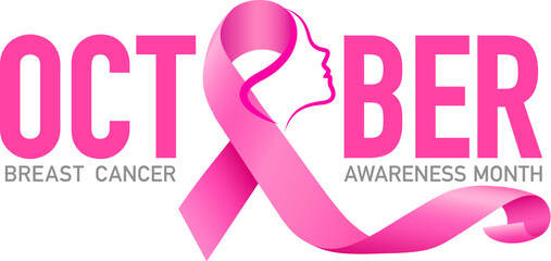 October lettering design with pink ribbon. Breast Cancer Awareness Month Campaign. For poster, banner and t-shirt. Vector Illustration.