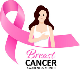 Woman and pink ribbon icon design. Breast cancer awareness month. Design for poster, banner, t-shirt. Vector illustration.