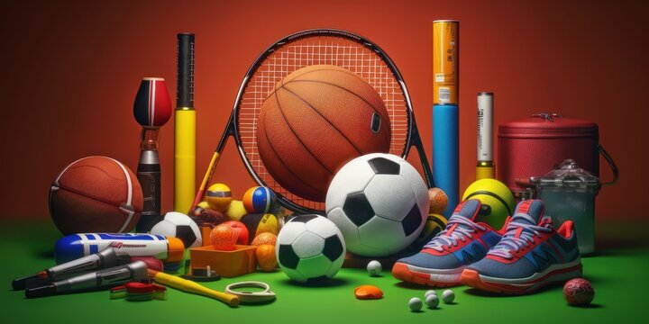 Various Sport Equipment And Many Different Accessories Background. Generative Ai