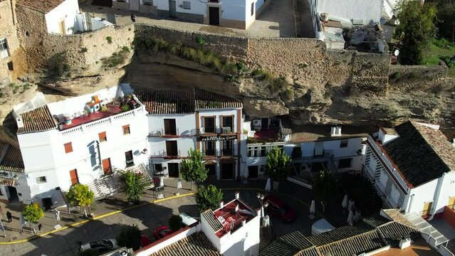 Aerial view above the beautiful village of Setenil de las Bodegas in Spain	