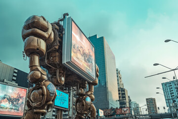 Billboards on a futuristic city scene. Concept art with a futuristic vision of advertising