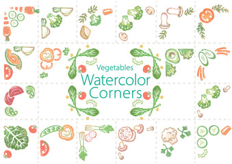 おしゃれな野菜の水彩風イラスト。フレーム用コーナーのセット。ベクター素材だからデザインに使いやすい。