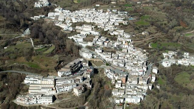 Aerial view above the beautiful village of Capileira in the gorge of the Poqueira in Andalusia Spain	