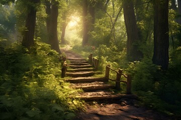 Enchanting Forest Path: A mystical photo of a sunlit forest path, inviting viewers to explore nature's beauty, fitting for fantasy book covers and nature-inspired artwork.