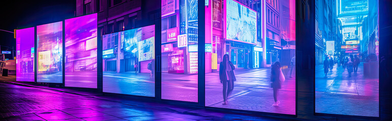Fototapeta na wymiar Horizontal banner of billboards on a futuristic city scene at night. Concept art with a futuristic vision of advertising