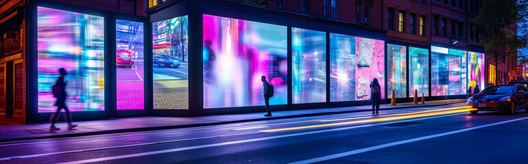 Horizontal banner of billboards on a futuristic city scene at night. Concept art with a futuristic vision of advertising