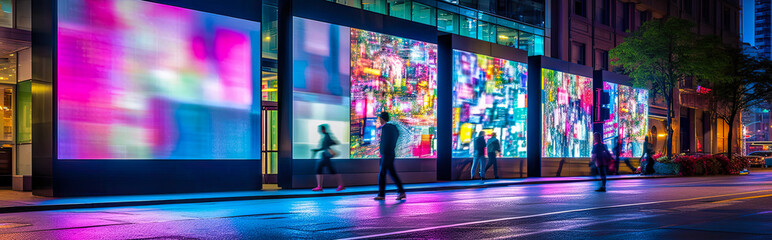 Horizontal banner of billboards on a futuristic city scene at night. Concept art with a futuristic vision of advertising