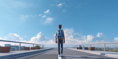 Obraz premium Student with Backpack Walk to School Blue Sky Background. Back to School Concept. Generative Ai