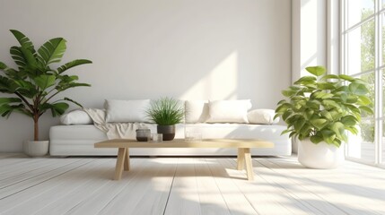 Fototapeta na wymiar Wooden tabletop or countertop in modern and luxury white living room with white wall, desk, sofa and houseplant with sunlight at home -Generated with AI.