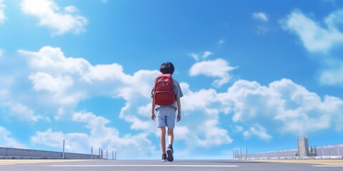 Student with Backpack Walk to School Blue Sky Background. Back to School Concept. Generative Ai