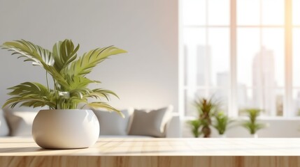Fototapeta na wymiar Wooden tabletop or countertop in modern and luxury white living room with white wall, desk, sofa and houseplant with sunlight at home -Generated with AI.