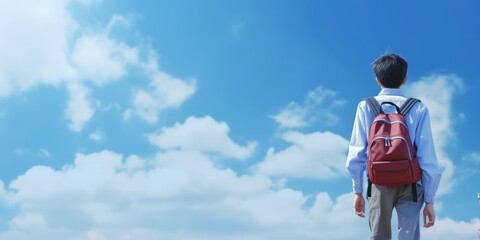Naklejka premium Student with Backpack Walk to School Blue Sky Background. Back to School Concept. Generative Ai