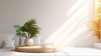 Wooden tabletop or countertop in modern and luxury white living room with white wall, desk, sofa and houseplant with sunlight at home -Generated with AI.