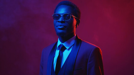 Neon people. Masculine confidence. Dandy look. Blue pink color light portrait of proud gentleman in...