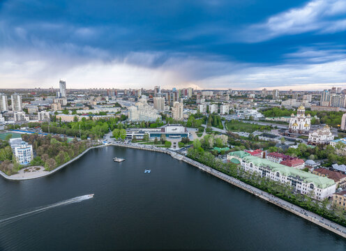 Embankment of the central pond and Plotinka. The historic center of the city of Yekaterinburg, Russia, Aerial View