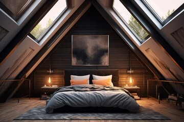 Interior of an attic bedroom with a double bed, a gray cover, a vertically framed poster, and roof windows. an angle. a mockup Generative AI